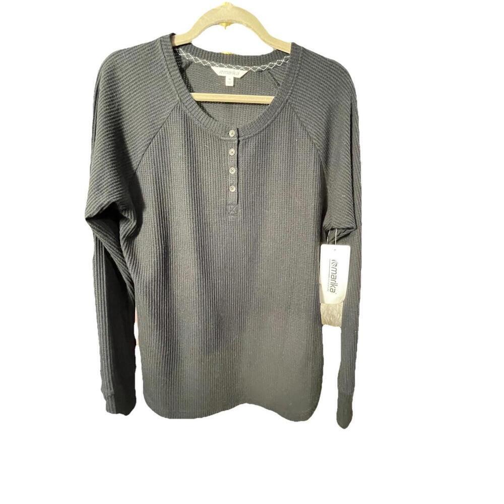 NWT Marika Women's Black Waffle Knit Thermal Henley Top Long Sleeve Size Medium